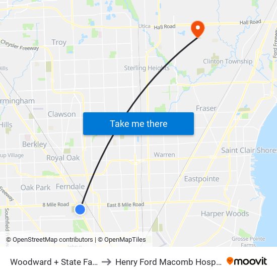 Woodward + State Fairgrounds Pickup to Henry Ford Macomb Hospital Clinton Township map