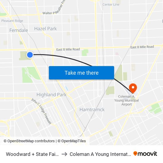 Woodward + State Fairgrounds Pickup to Coleman A Young International Airport (DET) map