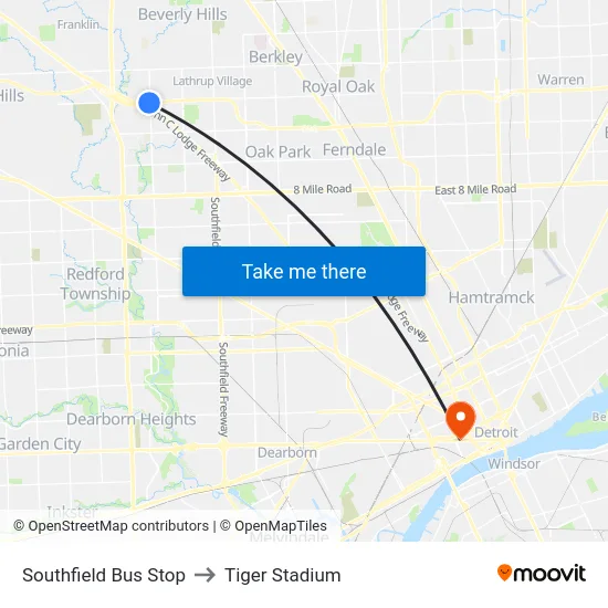 Southfield Bus Stop to Tiger Stadium map