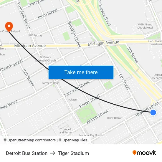 Detroit Bus Station to Tiger Stadium map