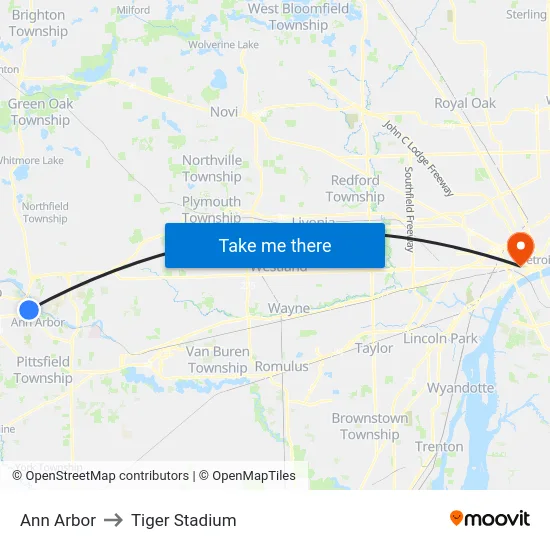 Ann Arbor to Tiger Stadium map