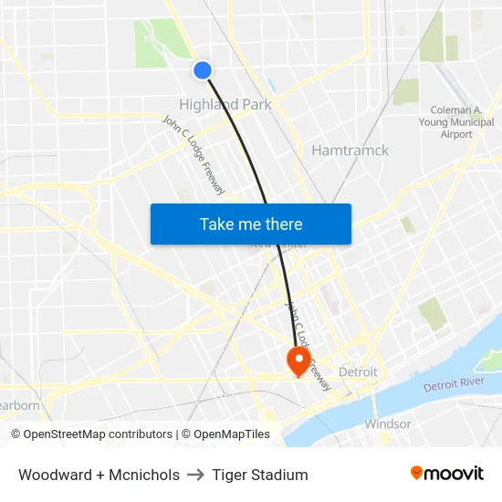 Woodward & Mcnichols to Tiger Stadium map