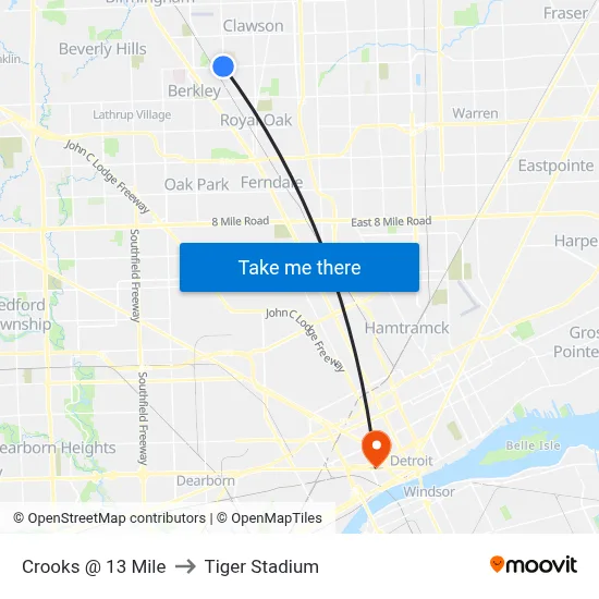 Crooks @ 13 Mile to Tiger Stadium map