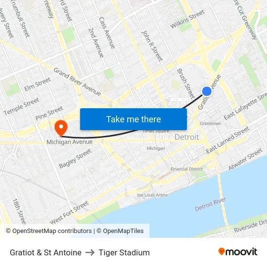 Gratiot & St Antoine to Tiger Stadium map