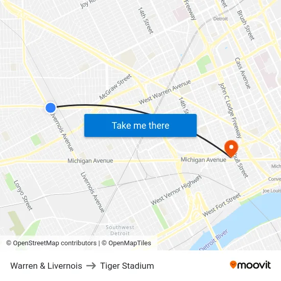Warren & Livernois to Tiger Stadium map