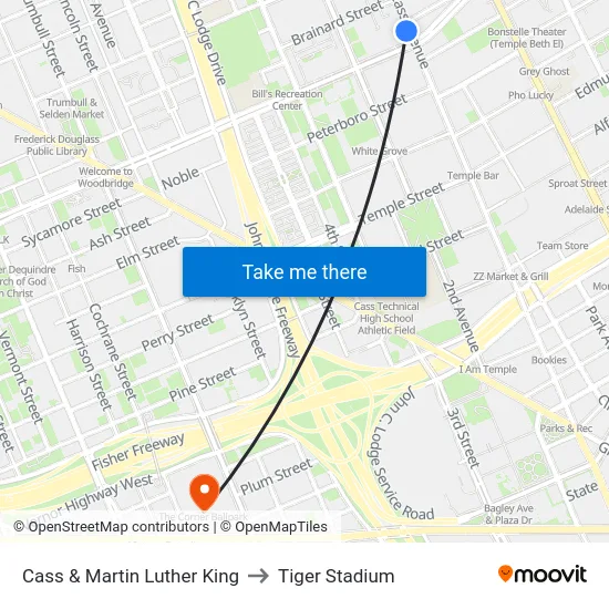 Cass & Martin Luther King to Tiger Stadium map