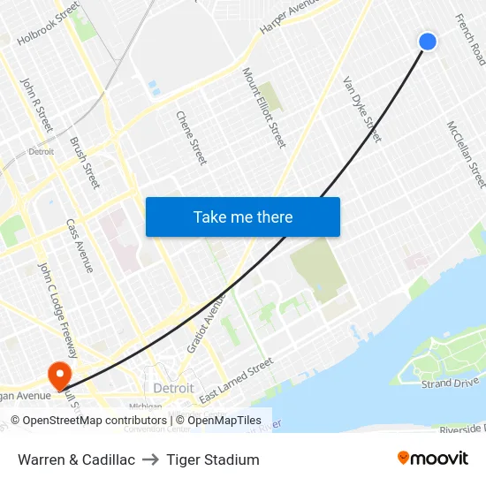 Warren & Cadillac to Tiger Stadium map