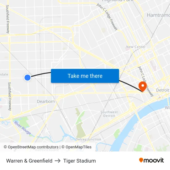Warren & Greenfield to Tiger Stadium map