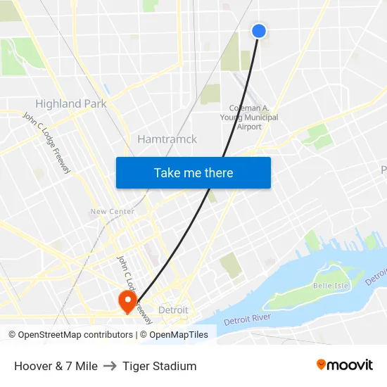Hoover & 7 Mile to Tiger Stadium map