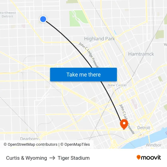 Curtis & Wyoming to Tiger Stadium map