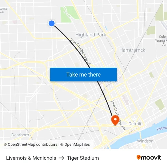 Livernois & Mcnichols to Tiger Stadium map