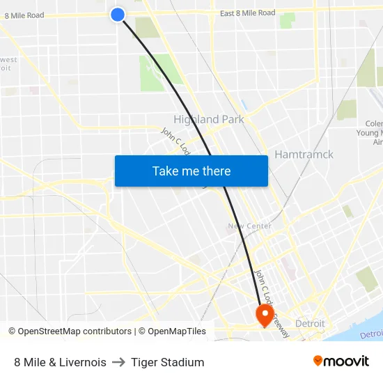8 Mile & Livernois to Tiger Stadium map