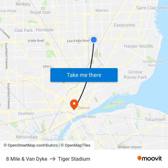 8 Mile & Van Dyke to Tiger Stadium map