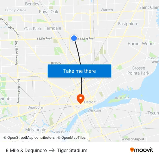 8 Mile & Dequindre to Tiger Stadium map