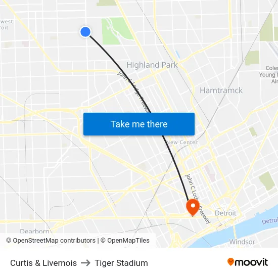 Curtis & Livernois to Tiger Stadium map
