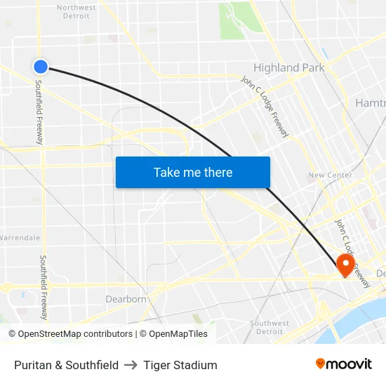Puritan & Southfield to Tiger Stadium map