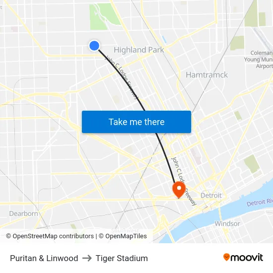 Puritan & Linwood to Tiger Stadium map