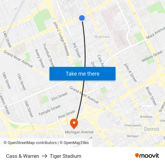 Cass & Warren to Tiger Stadium map