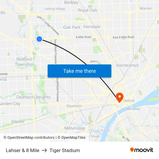 Lahser & 8 Mile to Tiger Stadium map