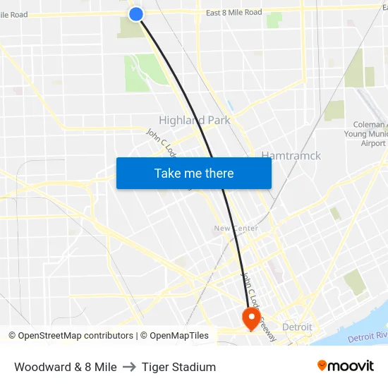 Woodward & 8 Mile to Tiger Stadium map