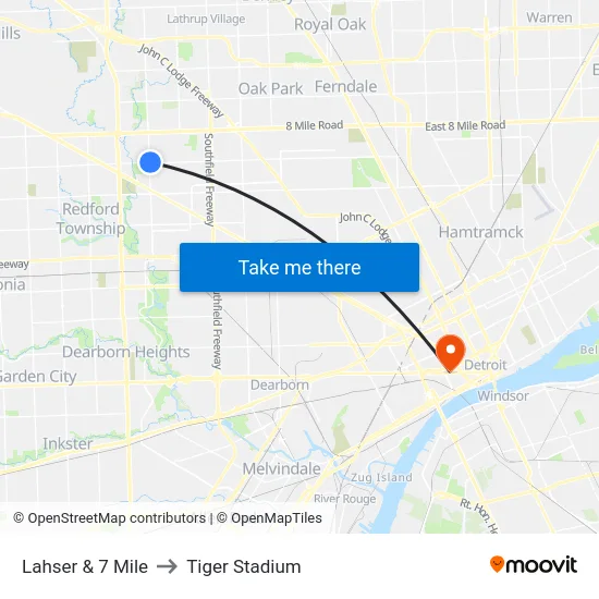 Lahser & 7 Mile to Tiger Stadium map