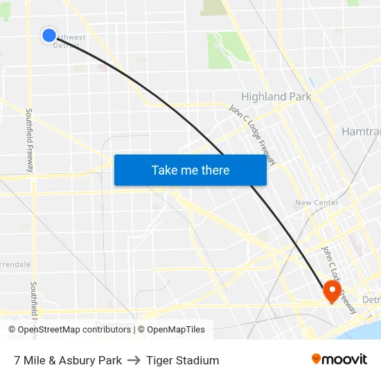 7 Mile & Asbury Park to Tiger Stadium map