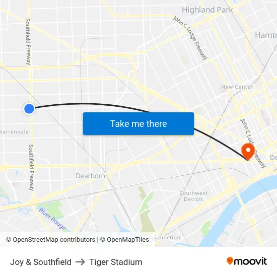 Joy & Southfield to Tiger Stadium map