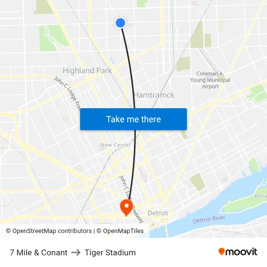 7 Mile & Conant to Tiger Stadium map