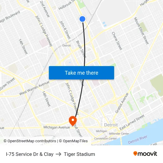 I-75 Service Dr & Clay to Tiger Stadium map