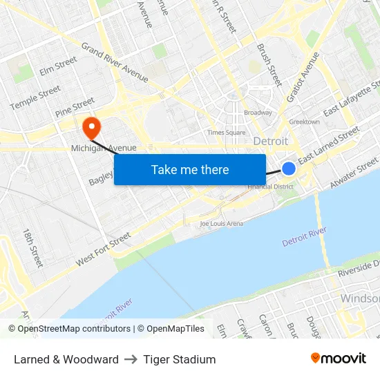 Larned & Woodward to Tiger Stadium map