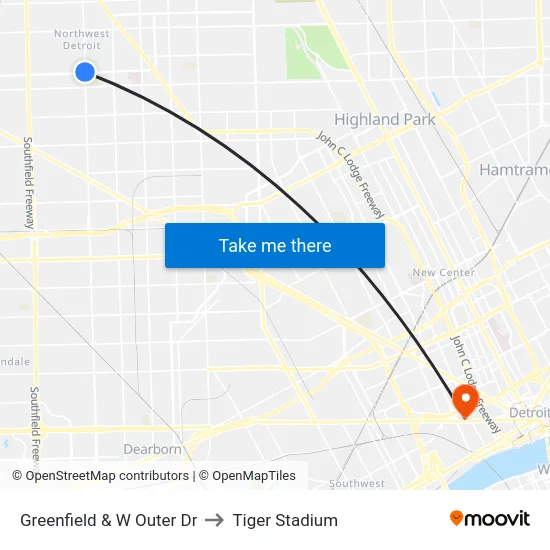Greenfield & W Outer Dr to Tiger Stadium map