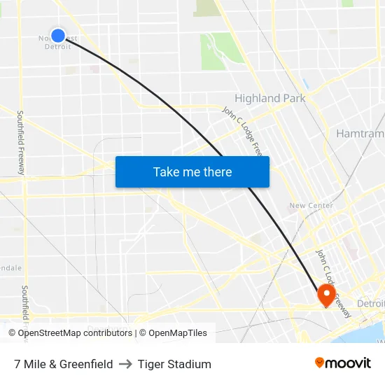 7 Mile & Greenfield to Tiger Stadium map