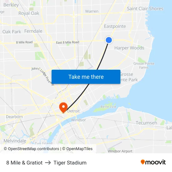 8 Mile & Gratiot to Tiger Stadium map