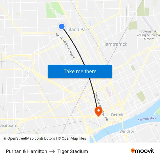 Puritan & Hamilton to Tiger Stadium map