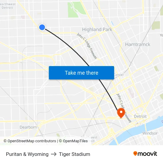Puritan & Wyoming to Tiger Stadium map
