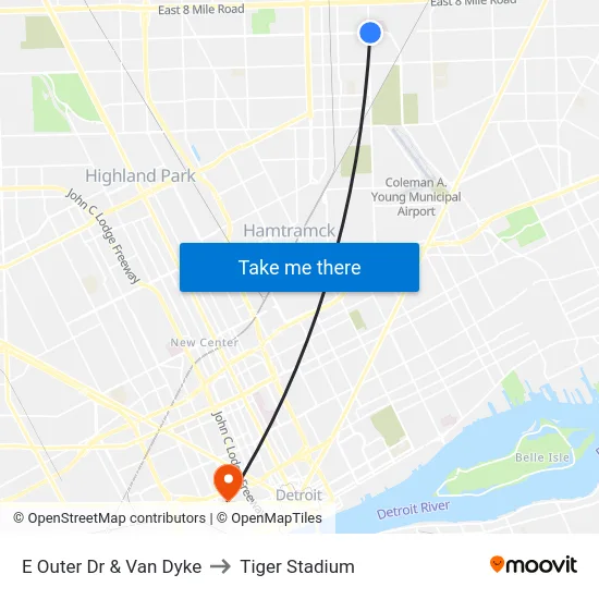 E Outer Dr & Van Dyke to Tiger Stadium map