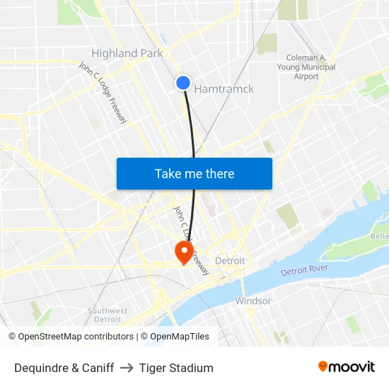 Dequindre & Caniff to Tiger Stadium map