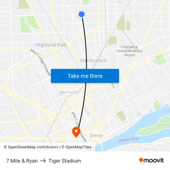 7 Mile & Ryan to Tiger Stadium map