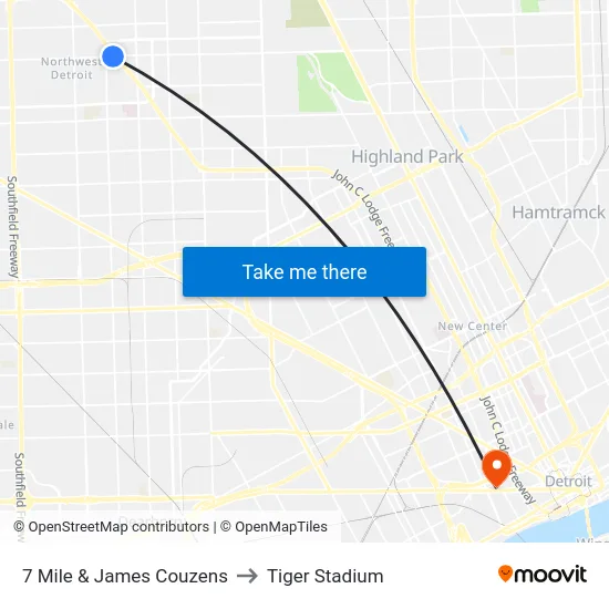 7 Mile & James Couzens to Tiger Stadium map
