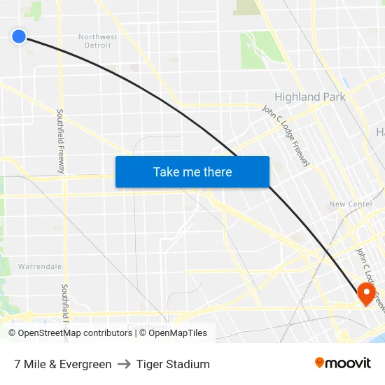 7 Mile & Evergreen to Tiger Stadium map