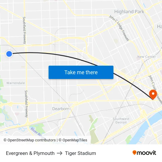 Evergreen & Plymouth to Tiger Stadium map
