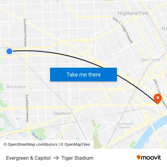 Evergreen & Capitol to Tiger Stadium map