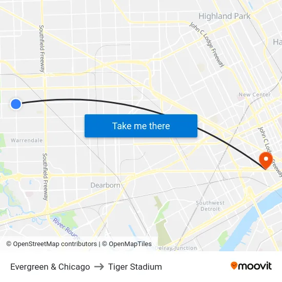Evergreen & Chicago to Tiger Stadium map
