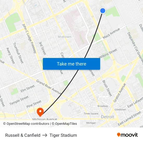 Russell & Canfield to Tiger Stadium map