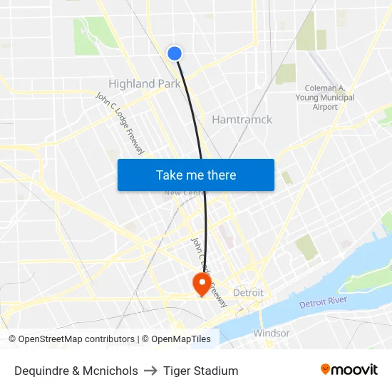 Dequindre & Mcnichols to Tiger Stadium map