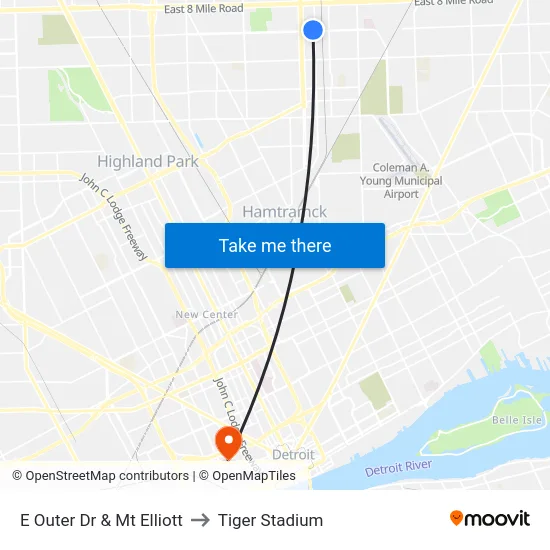 E Outer Dr & Mt Elliott to Tiger Stadium map