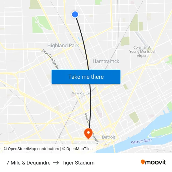 7 Mile & Dequindre to Tiger Stadium map