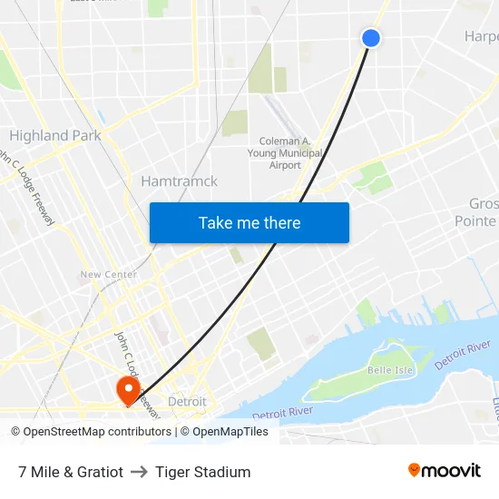 7 Mile & Gratiot to Tiger Stadium map
