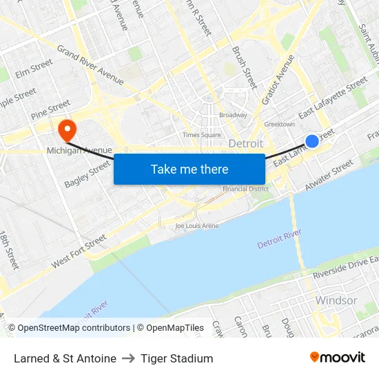 Larned & St Antoine to Tiger Stadium map