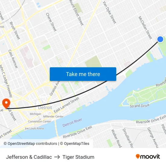 Jefferson & Cadillac to Tiger Stadium map